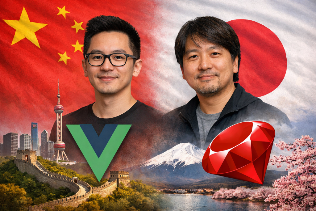 Composite image of Evan You and Yukihiro Matsumoto with Vue.js and Ruby logos, representing how developers from non-English backgrounds shape global technology