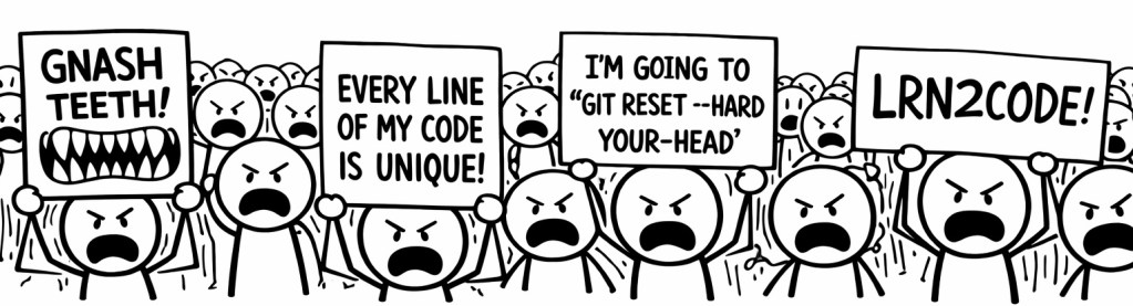 A crowd of stick figure characters holding protest signs with humorous coding phrases, expressing frustration and a call to action in a lighthearted manner.