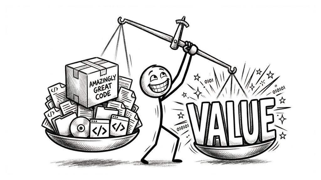 A cartoon illustration showing a stick figure balancing a box labeled 'AMAZINGLY GREAT CODE' on one side of a scale against the word 'VALUE' on the other side.